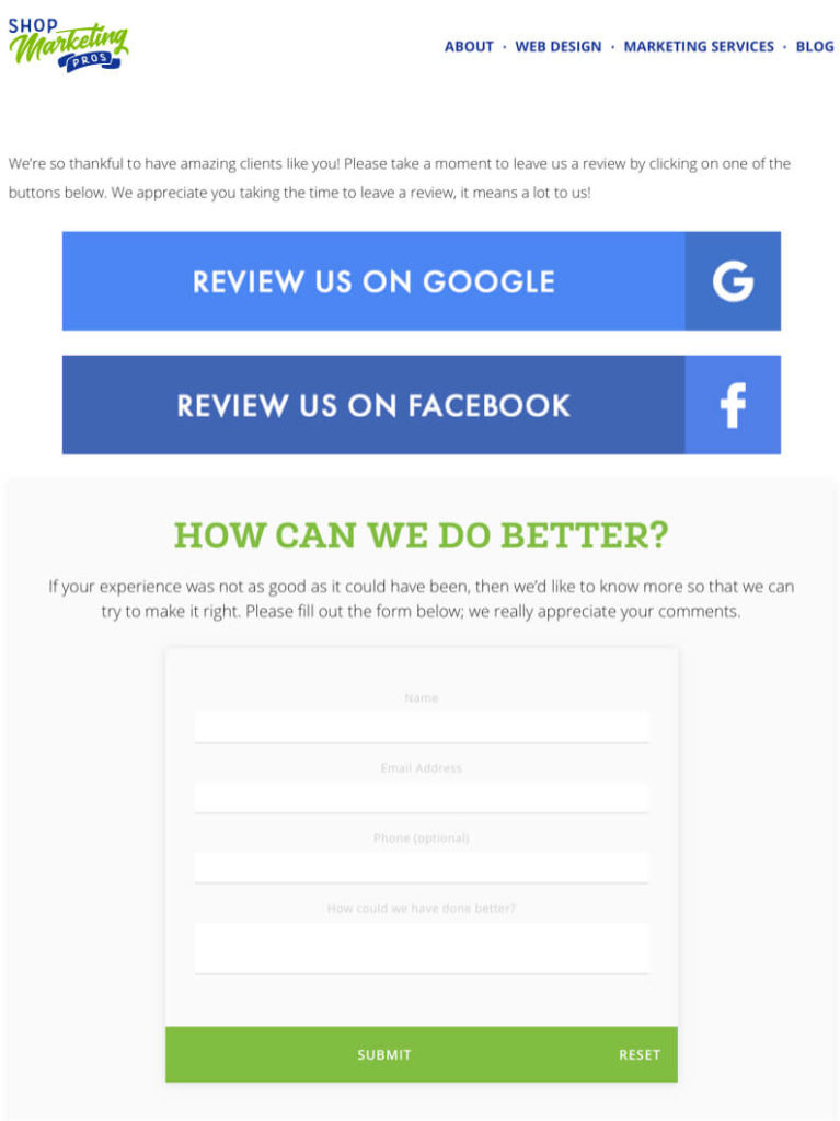 image of the page on Shop Marketing Pros' website requesting both reviews and feedback