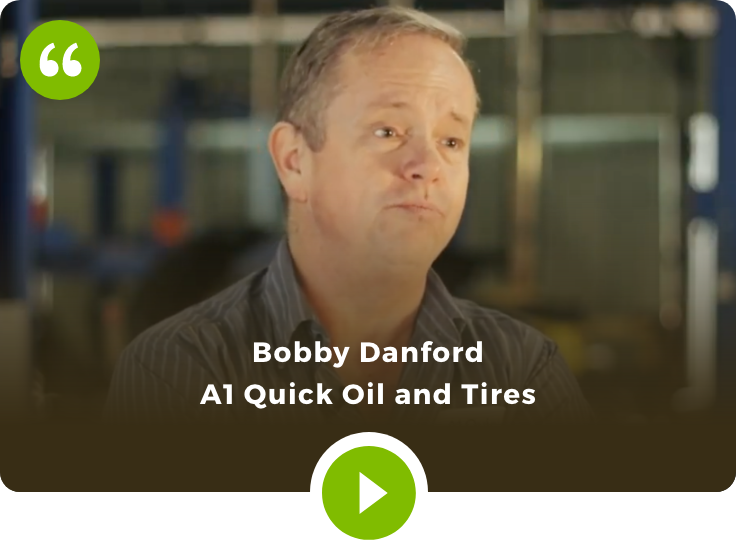 Bobby Danford with A1 Quick Oil and Tires with play button and quotes icon