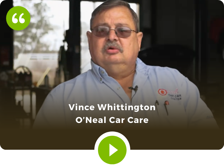 Vince Whittington of O'Neal Car Care with play button and quotes icons