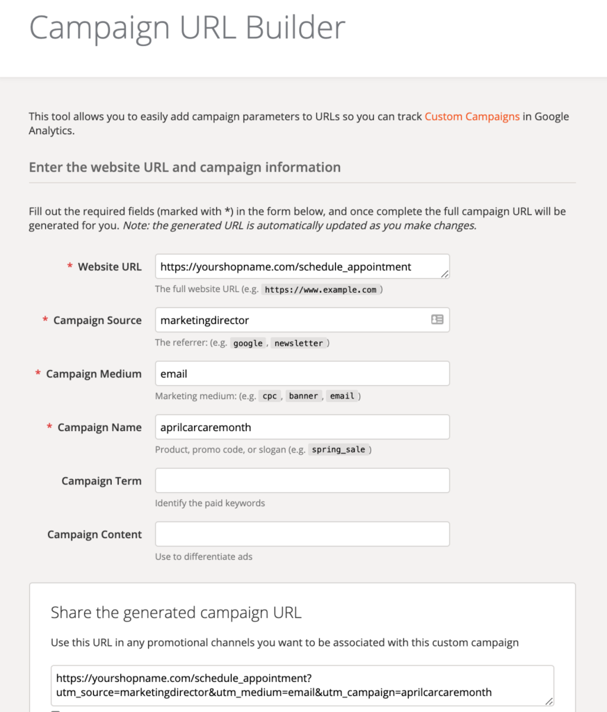 Visual of campaign building in Google Analytics. Make the most of marketing your shop.