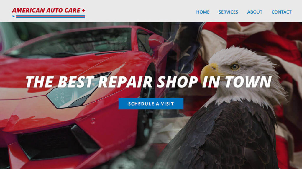 Example of a bad website header image shows a big red sports car with a dingy logo an american bald eagle and a flag with a white h1 with text and a blue centered call to action button