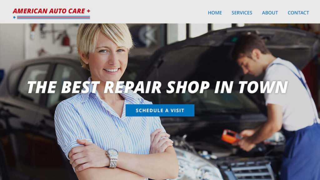 Example of a good website header image has logo at the top clean,clear navigation menu with an image of a happy smiling customer with an auto mechanic working on her car in shop in the background