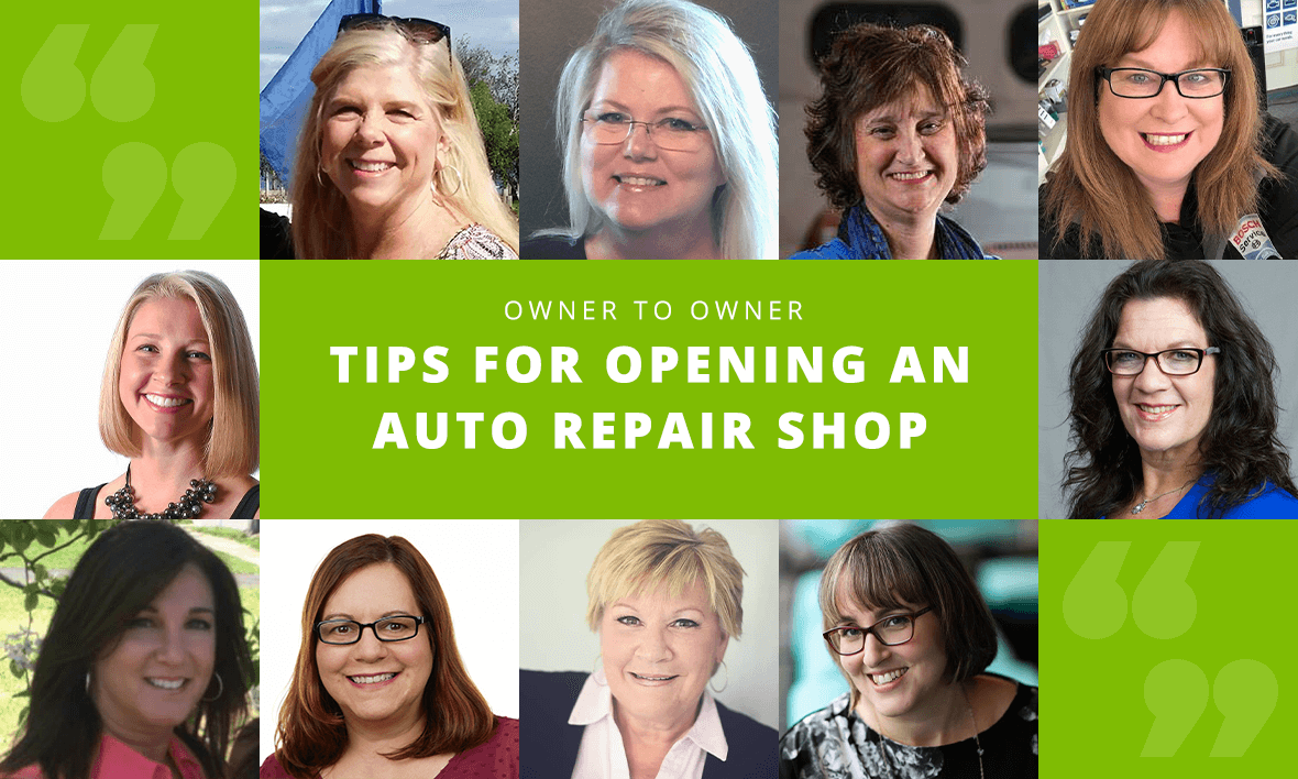 Tips for opening an auto repair shop owner to owner text and image collage of women smiling