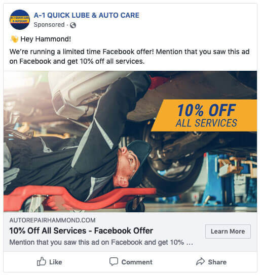 example of a call out ad of 10% off A1 services with image of mechanic underneath car fixing it