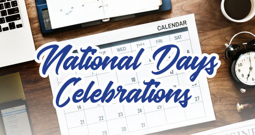 National Days Celebrations script text over calendar and desk setting