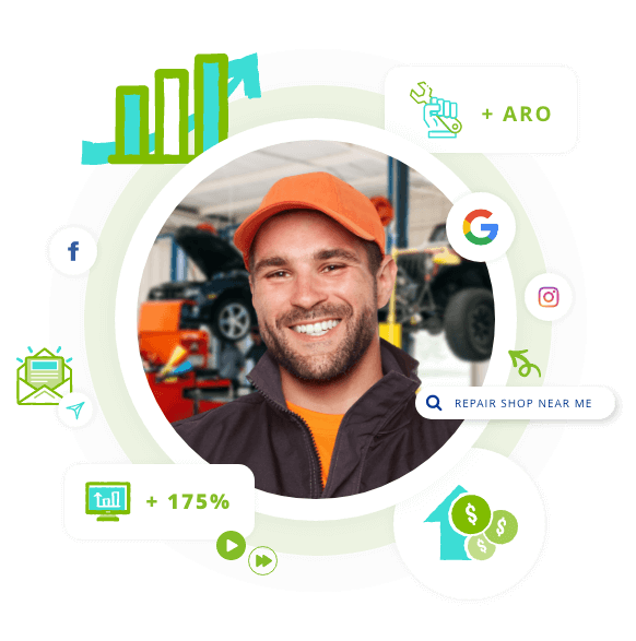 hero image of tech smiling with orange ball cap on and stats, web, social, seo, aro icons