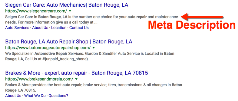 A screenshot showing an example of what a Meta Description looks like in google search with a red arrow pointing to the Meta Description