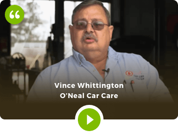 Vince Whittington of O'Neal Car Care with quotes and play button icon
