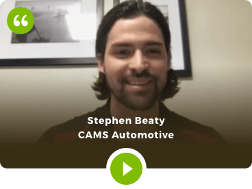 CAMS Automotive Stephen Beaty with quotes and play button icon