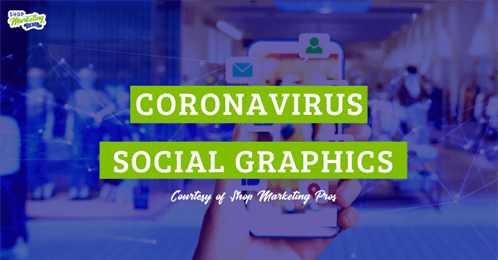Coronavirus Social Graphics Kit graphic over hand with phone with social icons popping out with mall background