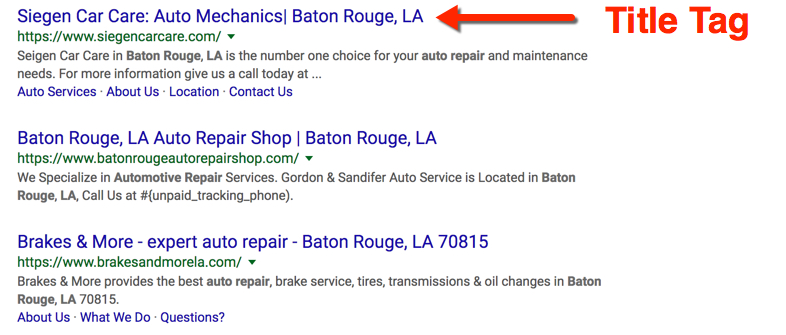 A screenshot showing an example of what a Title Tag looks like in google search with a red arrow pointing to the Title Tag
