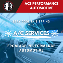 example ad for Ace Performance Automotive with branded colors and A/C services advertised