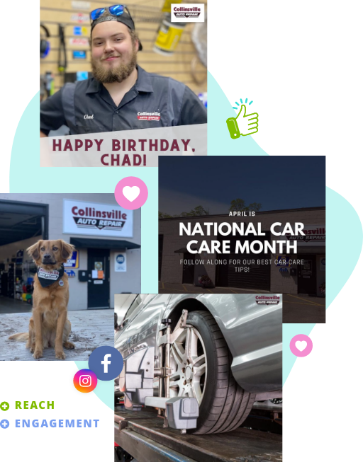 Case Study Collinsville collage with alignment image, tech smiling for birthday and shop mascot golden retriever