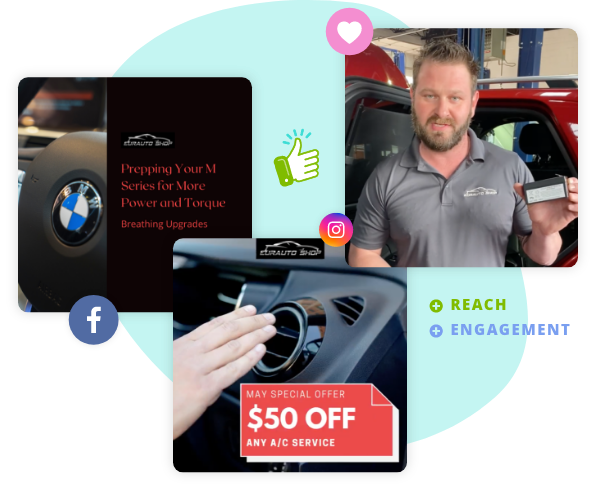 Case study collage for EurAuto Shop images of Michael holding aux battery, BMW steering wheel and a/c special offer with social icons