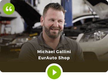 Michael Gallini EurAuto Shop with quotes and play button icons