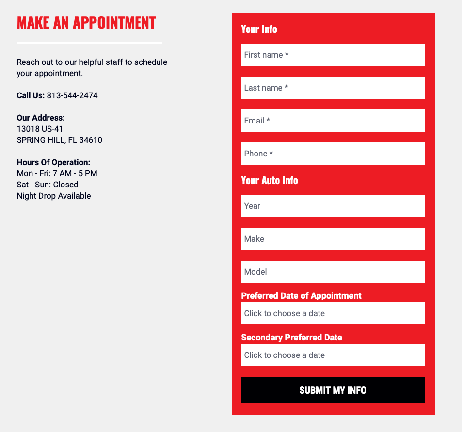 example of landing page form to make an appointment with shop number, address, and hours of operation alongside red, black and white online form