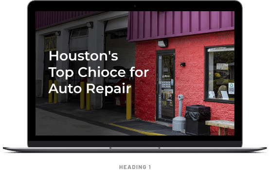 Website hero image with a picture of a shop's building in the background and a text overlay that says "Houston's Top Choice for Auto Repair"