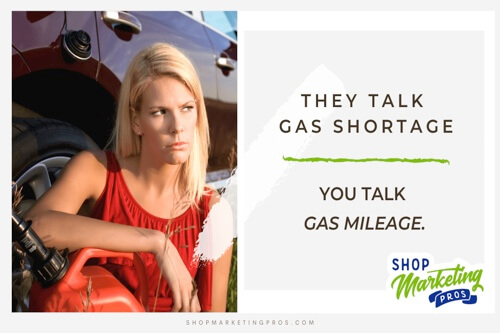If Gas Shortage Is What’s Being Talked About, Are You Talking About Gas Mileage? with Shop Marketing Pros Kim Walker in Hammond La. image of woman frustrated holding gas can while sitting along side her car that ran out of gas with blog title text and Shop marketing pros logo on it