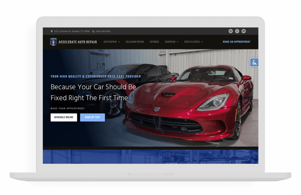website mockup image of accelerate auto repair website homepage built by Shop Marketing Pros