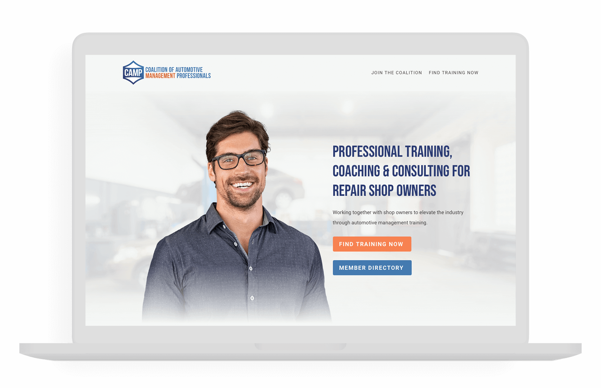 laptop image with CAMP homepage designed by SMP