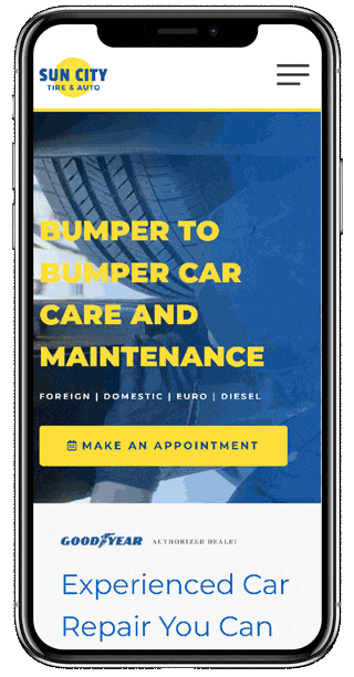 example of mobile hamburger menu on wordpress site that Shop Marketing Pros built for auto repair shop Sun City Tire & Auto in Surprise Az.; image is mockup of cellphone, how the site looks on mobile and how the nav menu slides out on screen when you hit hamburger menu