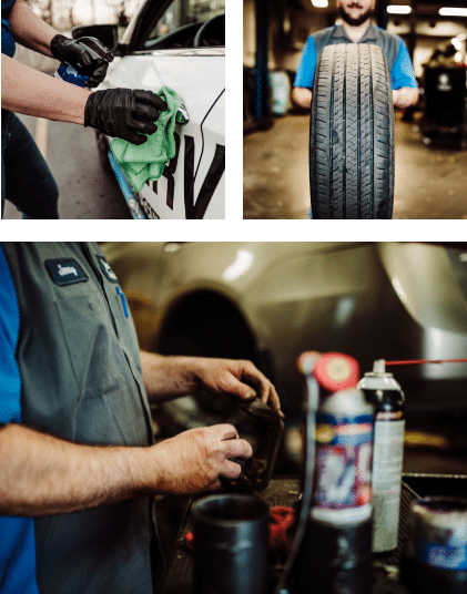 Otto Service of KC auto technician collage; holding tire, sanitizing outside door of car, fixing brakes