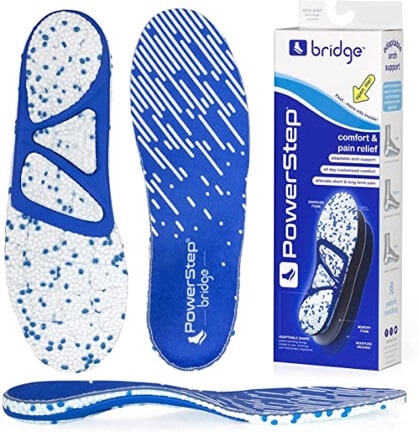 powerstep insoles from different angles, top, bottom, side and packaging that it comes in