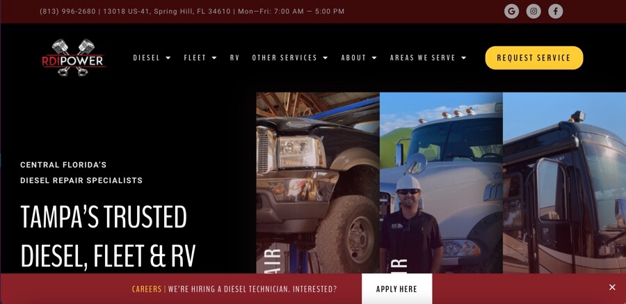 PHOTO OF WEBPAGE W/ BANNER & JOB LISTING on RDI Power diesel auto repair shop in Florida