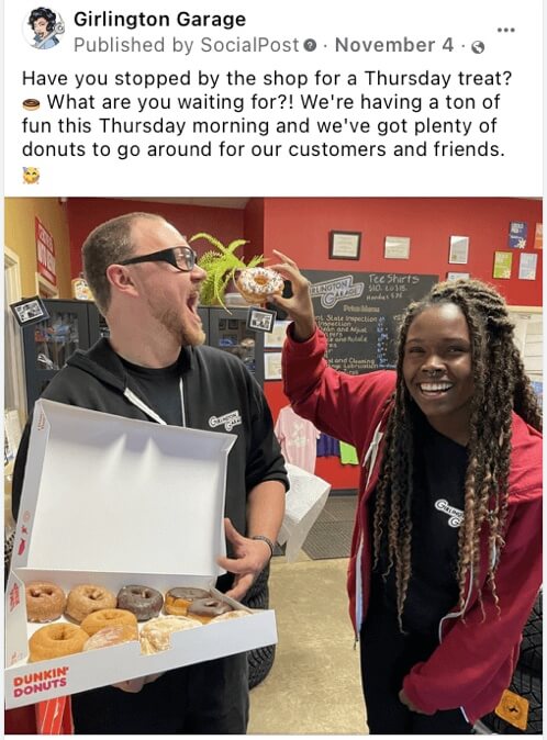 Hiring Auto Repair Shop Technicians in the Digital Age: showcasing company culture with Girlington Garage's facebook post with image of employees feeding each other donuts