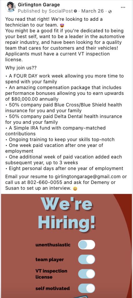 organic facebook hiring post with Girlington Garage in South Burlington, VT showcasing hiring text and image of "We're Hiring" graphic
