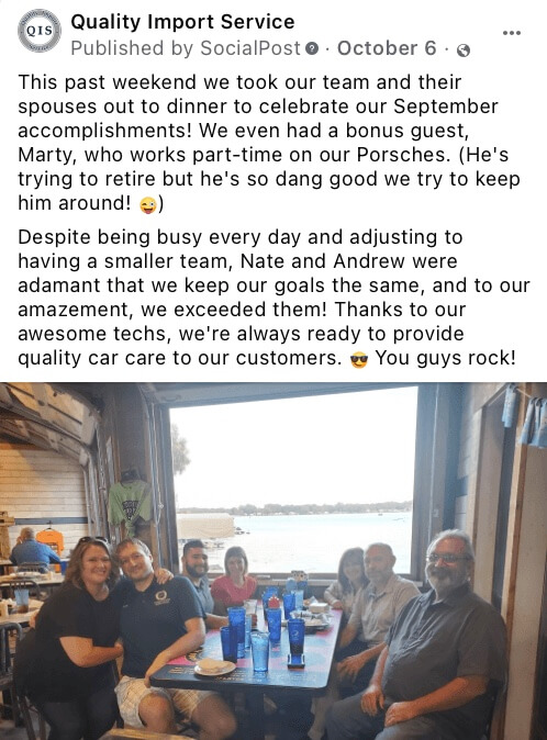 company culture fb post with QIS auto repair shop in Elkhart, IN using a picture of the team going out to eat at a local restaurant