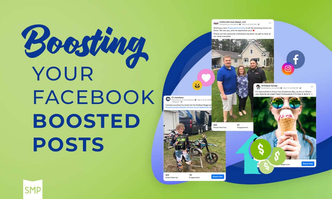 Boosting Your Auto Repair Shop Boosted Posts on Facebook with Shop Marketing Pros in Hammond LA, image with post title text with SMP logo and images of fb posts in circle