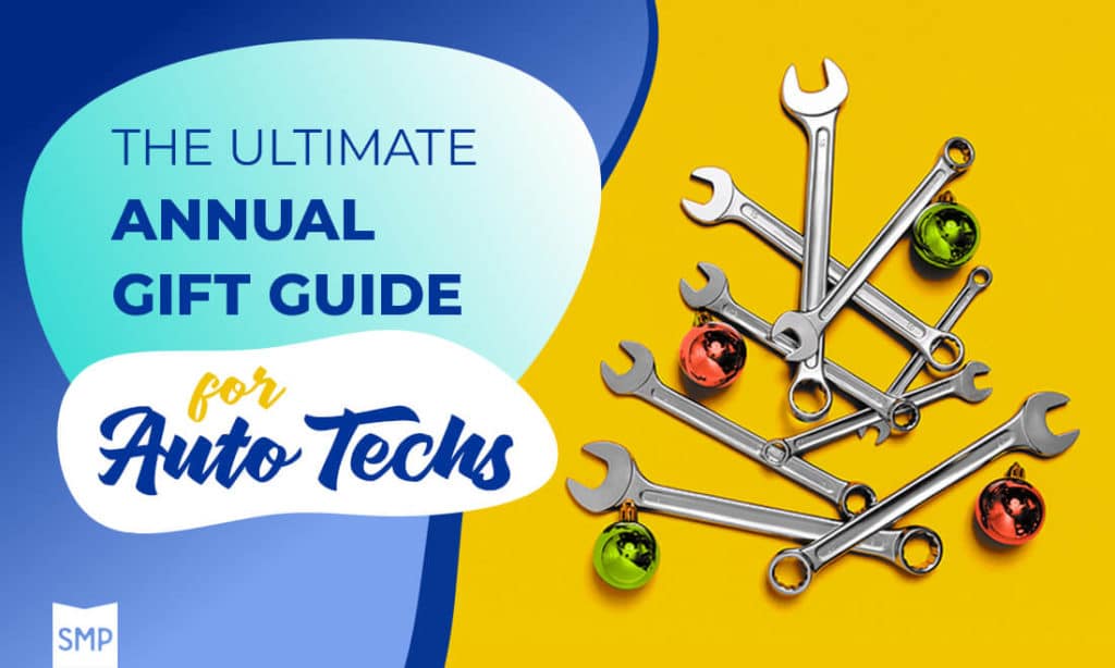 The Ultimate Gift Guide for Auto Technicians with Shop Marketing Pros; image of blog title text and christmas trees made out of wrenches with green and red Christmas balls