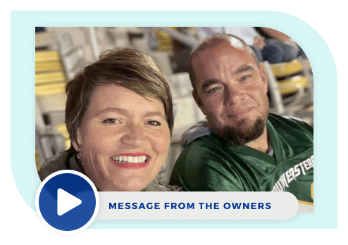 image of SMP owners Kim and Brian Walker smiling at football game with play button icon and the text "message from the owners"