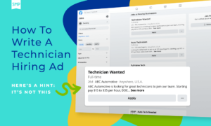 How To Write a Technician Hiring Ad with Shop Marketing Pros image of title text with SMP logo, branding colors of teal, blue, gold and a dark chartreuse with an example of building an ad online