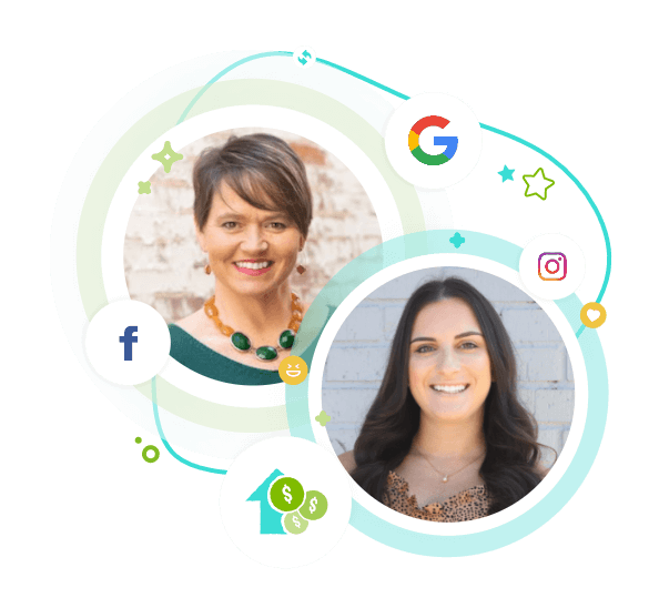 image collage of Kim and Hallie headshots with google, facebook, instagram, and arrow with dollar signs icons surrounding them