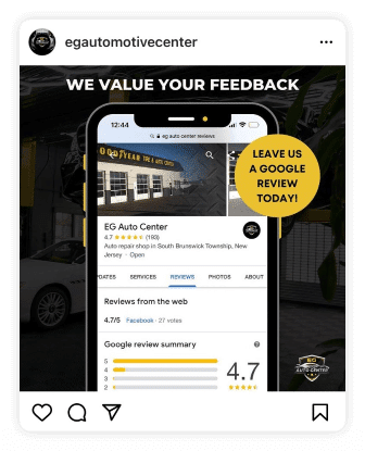 We Value Your Feedback Social post for EG Auto Center with graphic of smart phone that has business's google my business listing pulled up with reviews showing