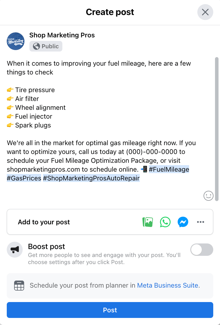 Screenshot of example facebook post for auto repair shop