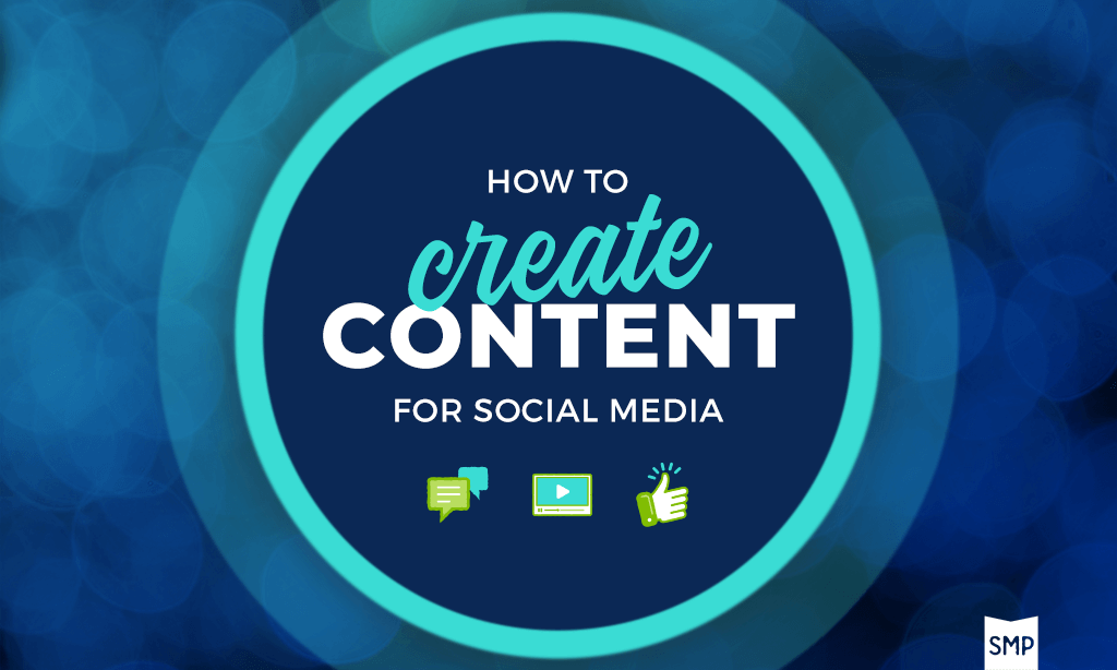 How To Create Content for social media text in circle with social media icons and Shop Marketing Pros logo set on blue fuzzy background