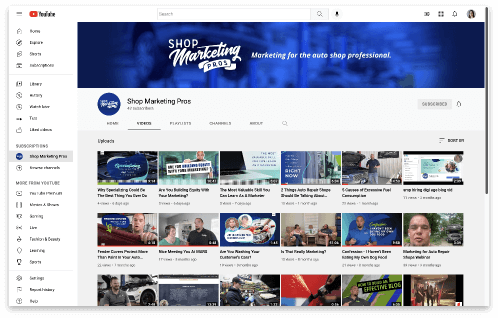 screenshot of Shop Marketing Pros youtube channel and featured videos
