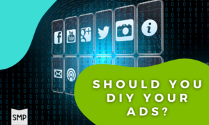 Social media icons and binary code in the background with the text "Should you DIY your ads?" in the foreground.