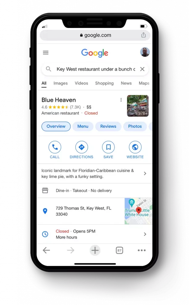Blue Haven Restaurant in key west fl, pulled up on google search on mobile phone device