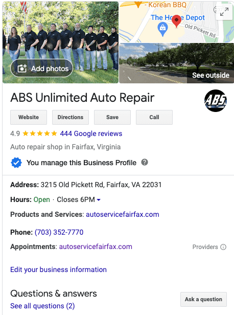 image of ABS Unlimited Auto Repair Google My Bussiness Profile listing with shop name, images, phone number, address, directions, etc.