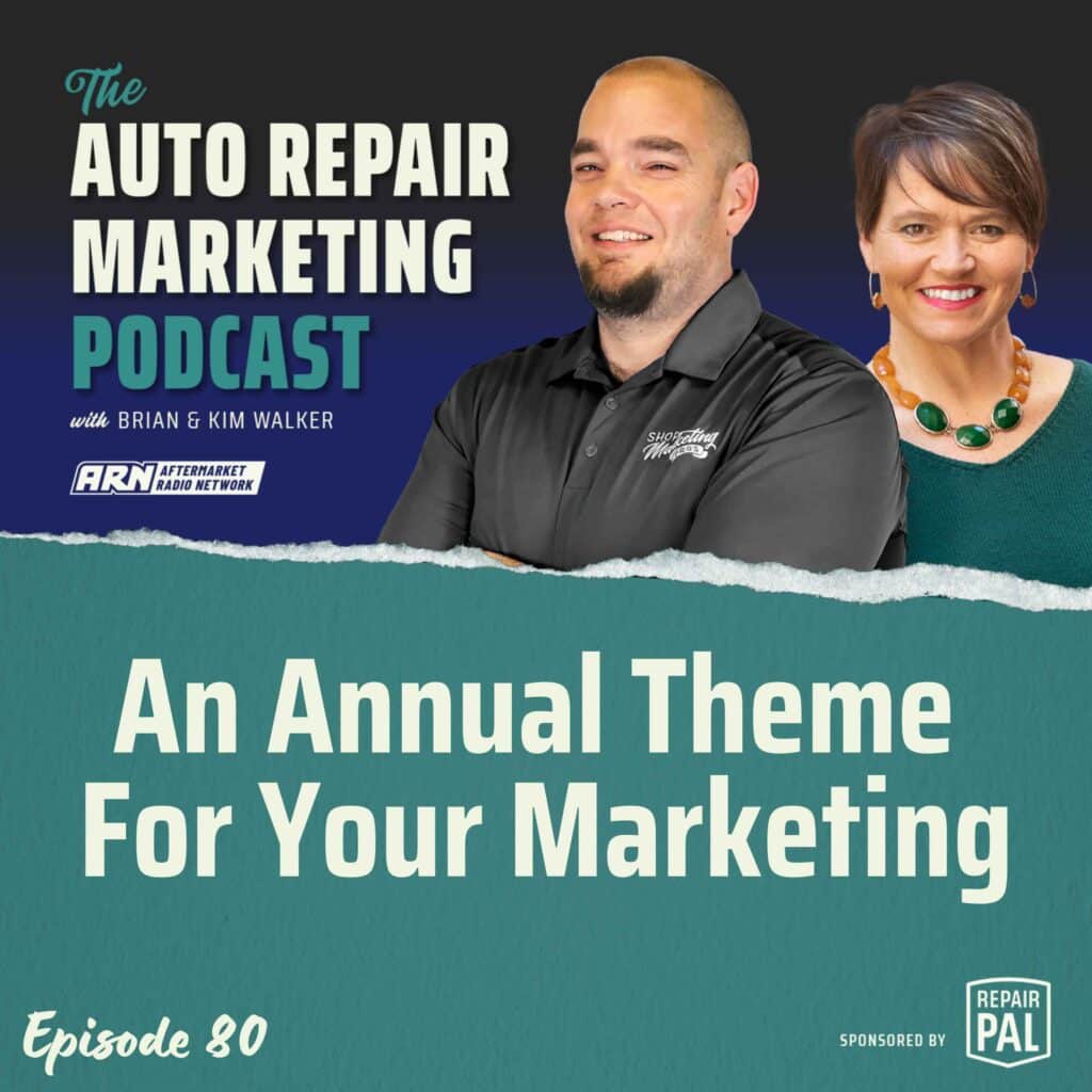 Auto Repair Marketing Podcast, Episode 80: An Annual Theme For Your Marketing, featuring Brian & Kim Walker. Brian and Kim Walker are smiling and standing side by side against a black and green background.