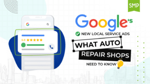 Advertisement for Google's new local service ads targeting auto repair shops with a smartphone and tech-themed background.