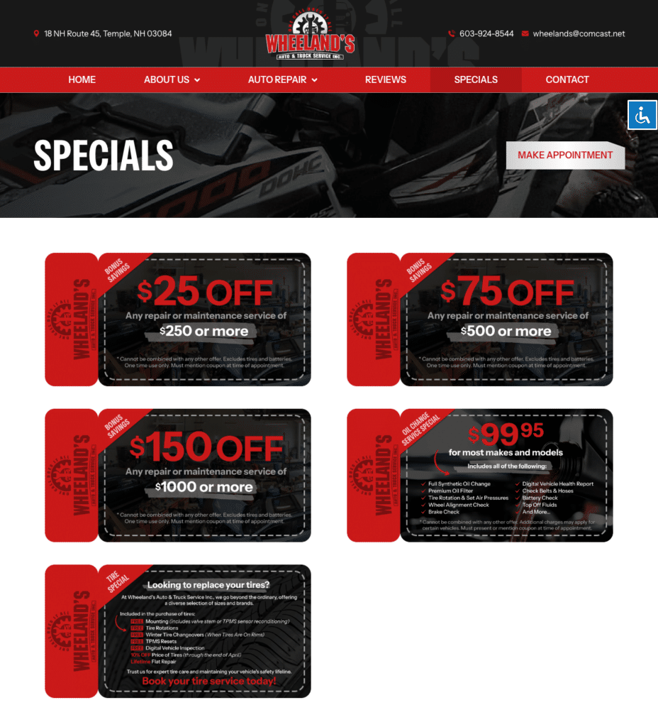 Should You Use Coupons In Your Auto Repair Marketing Strategy with Shop Marketing Pros. Promotional webpage for Wheeland's Auto & Tire Service with various discounts and specials on repair and maintenance services.