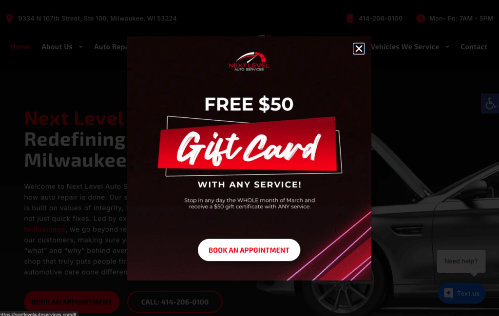 Pop-up ad for a free  gift card with any service at Next Level Auto Services.
