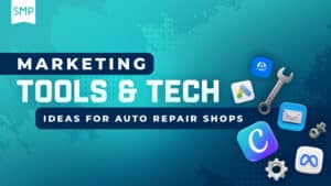 Marketing tools. Auto repair shop digital agency, Shop Marketing Pros. Marketing banner with text on a teal background and various tool icons.