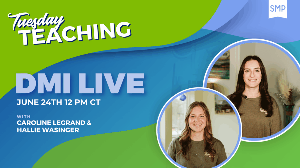 Promotional graphic for "Tuesday Teaching: DMI Live" event with photos of Hallie and Caroline