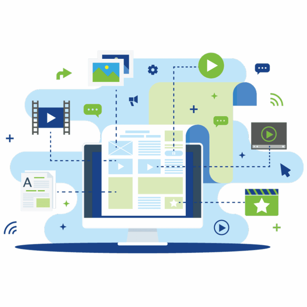 Illustrated graphic of a desktop computer surrounded by icons representing digital content elements like videos, articles, chat bubbles, and images.